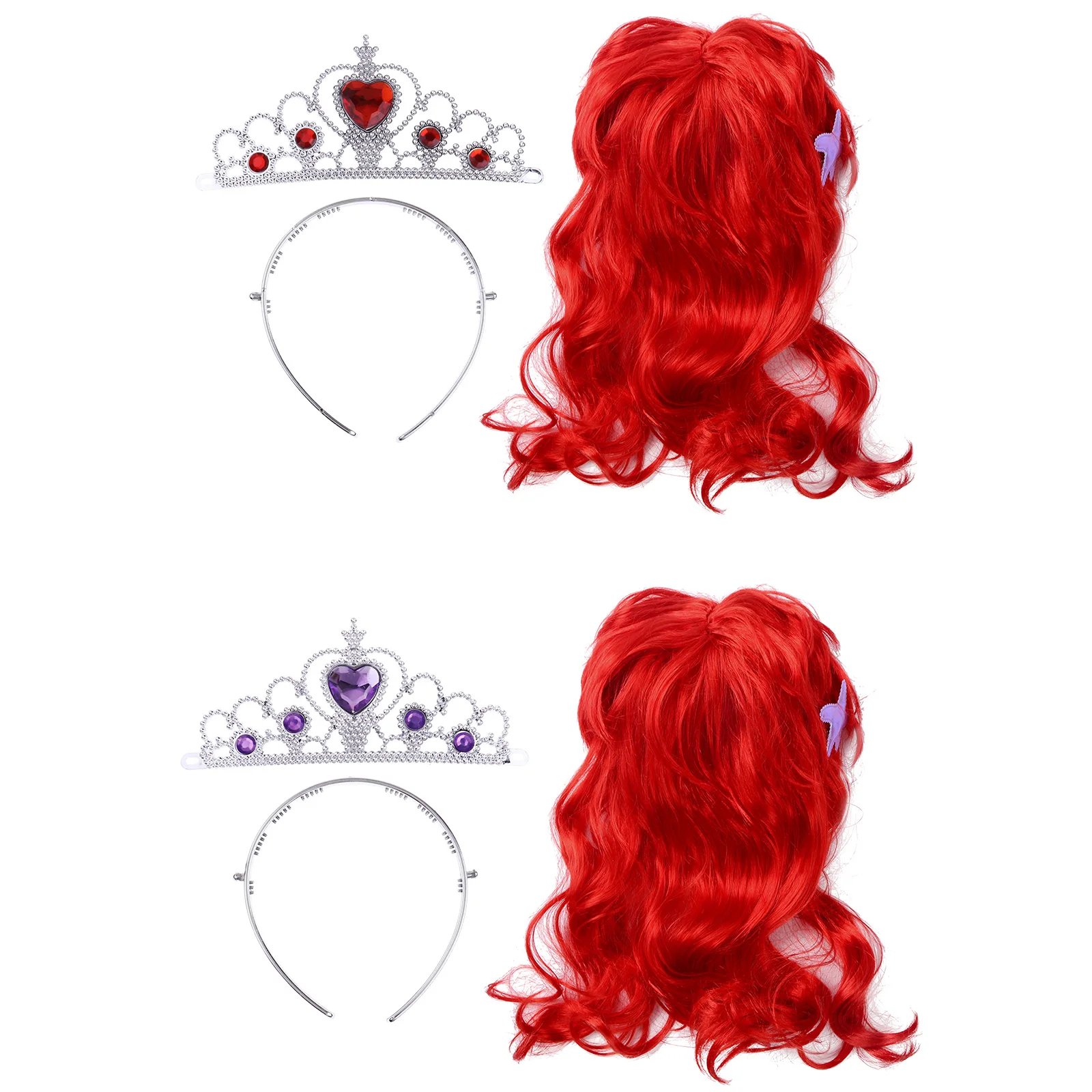 Kids Girls Mermaid Princess Red Wigs Hair With Crown Headwear Halloween Anime Cosplay Costume Party Outfits Mermaid Accessories images - 6