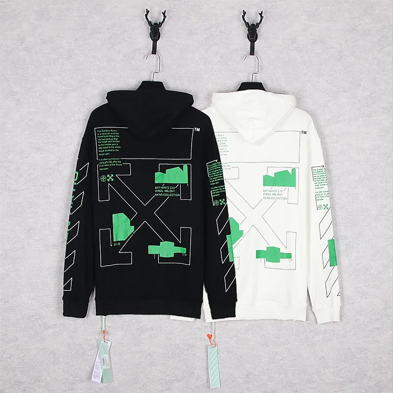 

2021 HIP HOP green letters printed arrows black white european version tops Streetwear men women off white Hoodie Sweatshirt