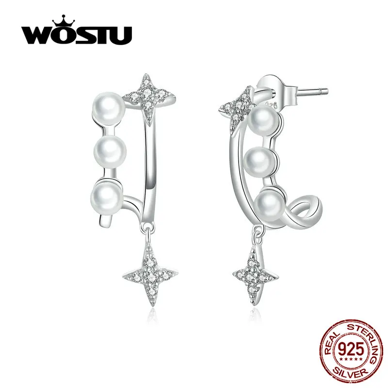 WOSTU S925 яркие циркониевые серьги, оригинальные настоящие 925 пробы, серебряные классические глянцевые жемчужные Двойные серьги, ювелирное изделие CTE183