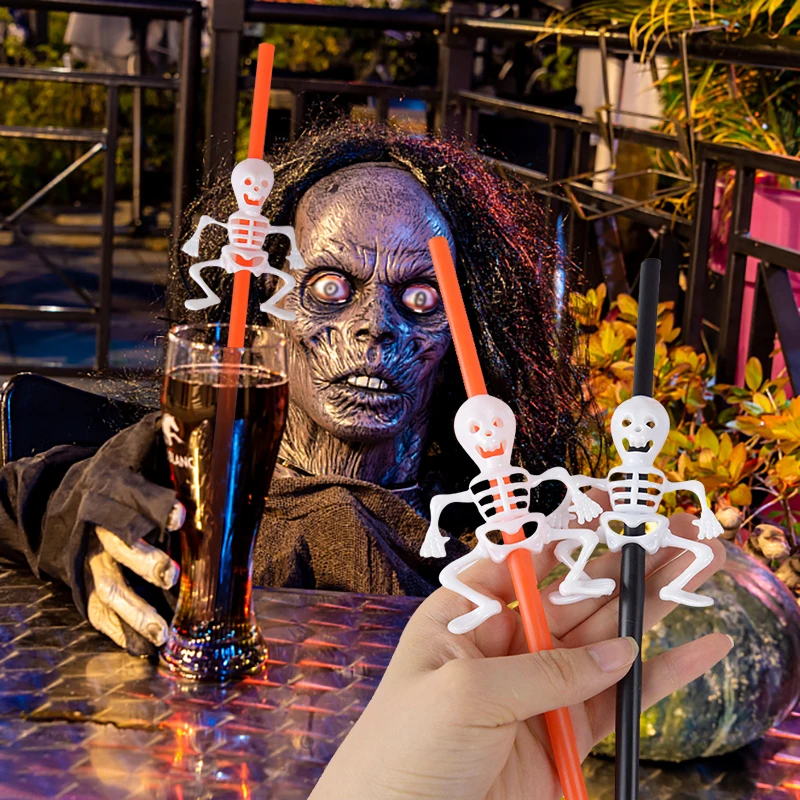

5Pcs Halloween Party Disposable Straws Horror Skeleton Pumpkin Plastic Drinking Straws For Home Halloween Bar Decoration Props