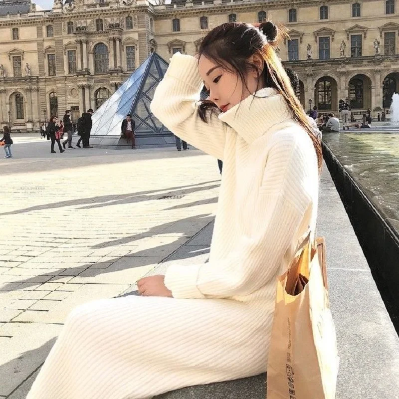 

Turtleneck Pullover Women's Sweaters 2020 Fashion Autumn And Winter Women's Knitwear extra long Sweater White Bottoming dress