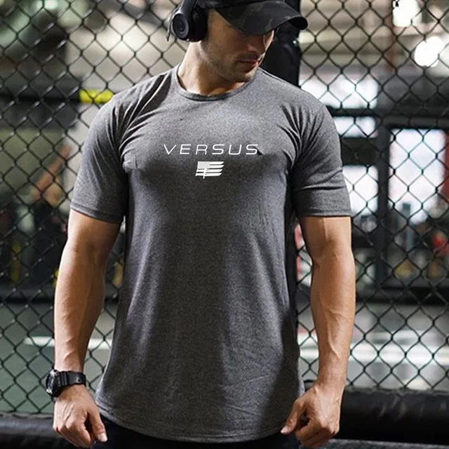 Хаки Дизайн VERSUS Muscle fitness Мужская футболка для бодибилдинга Спортивная футболка с круглым вырезом и короткими рукавами для бега - Цвет: Хаки