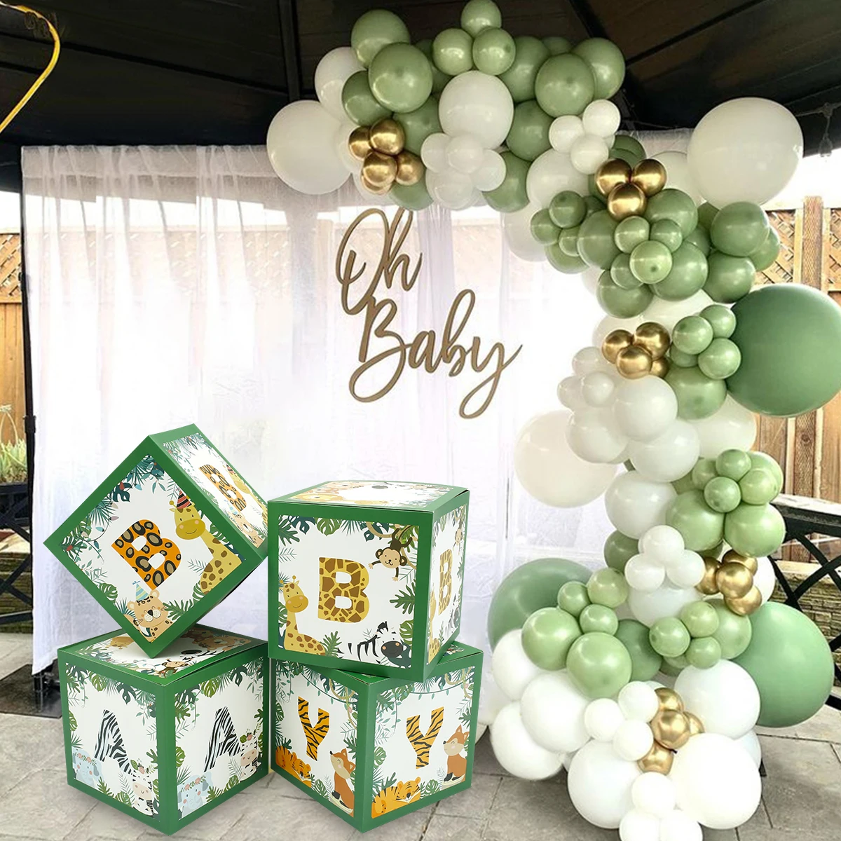 

4Pcs Green 1st Birthday Balloon Boxes Block Baby Shower Decoration Box Photo Shoot Prop Table for Bridal Wedding Party Decor