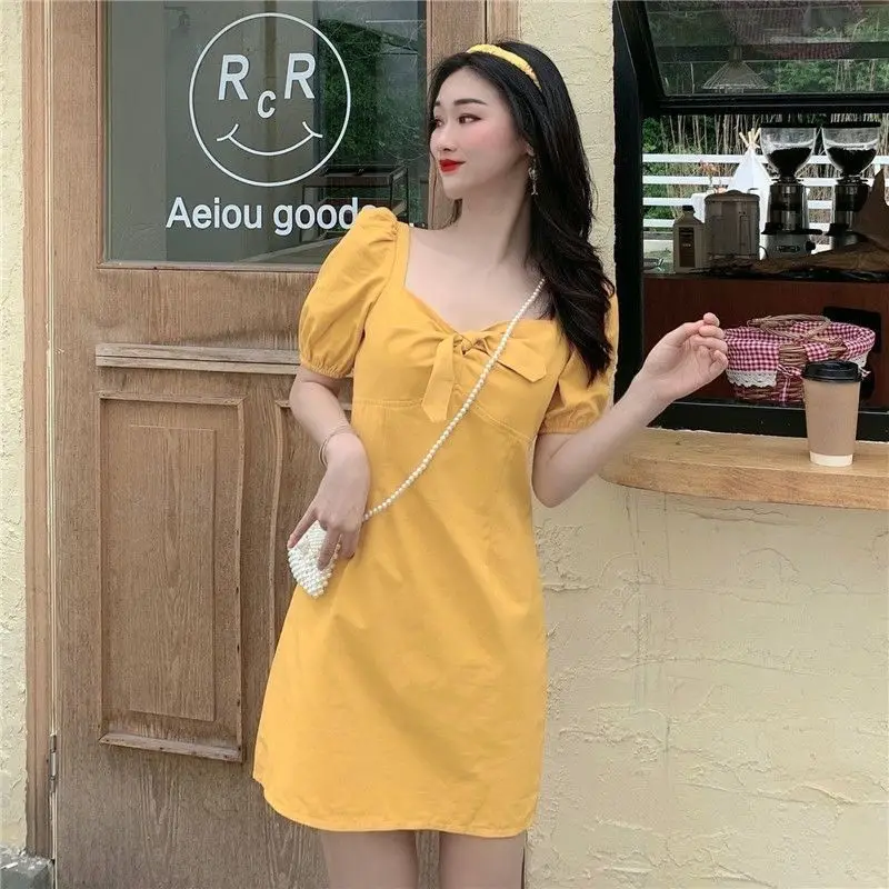 

Women Dresses Short Sleeve Square Collar Fairy Floral Gentle Slim Ruffles Folds Sweet Lovely Teenagers Fashion Chic Retro Daily