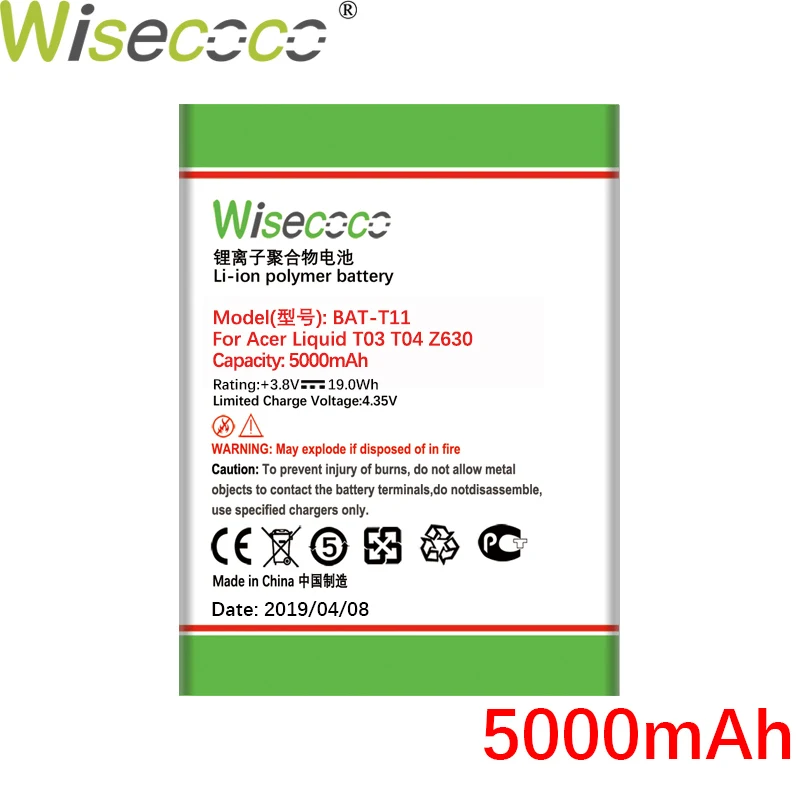 

Wisecoco NEW Original 4000mAh BAT-T11 (1ICP4/68/88) ICP416888L1 Battery For Acer Liquid T03 T04 Z630 Z630S Mobile Phone Replace