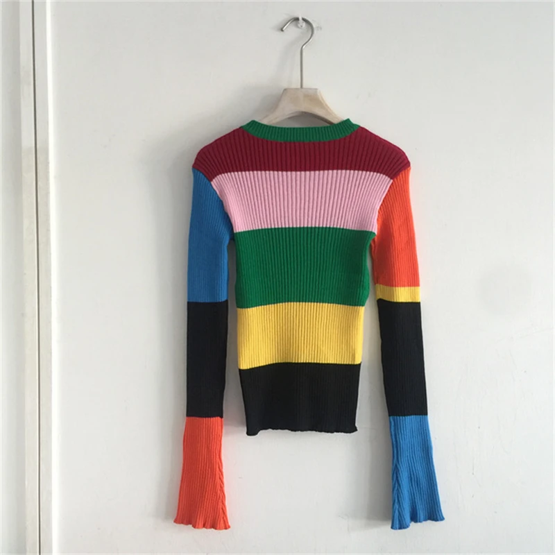 Womens Contrast Striped Crop Sweater Patched Flower Skinny-Fit Crew Neck Long Sleeve Pullover Knit Top Harajuku e-Girl / | Женская