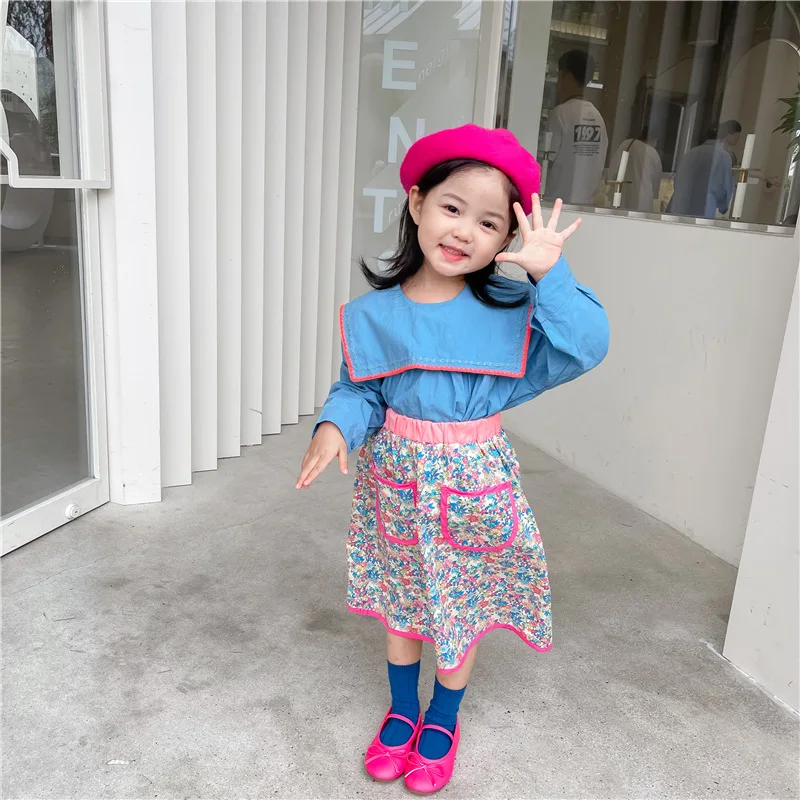 

2021 Autumn Girls' Embroidered Big Lapel Blue Baby Shirt Top + Floral Short Skirt Two-piece Skirt