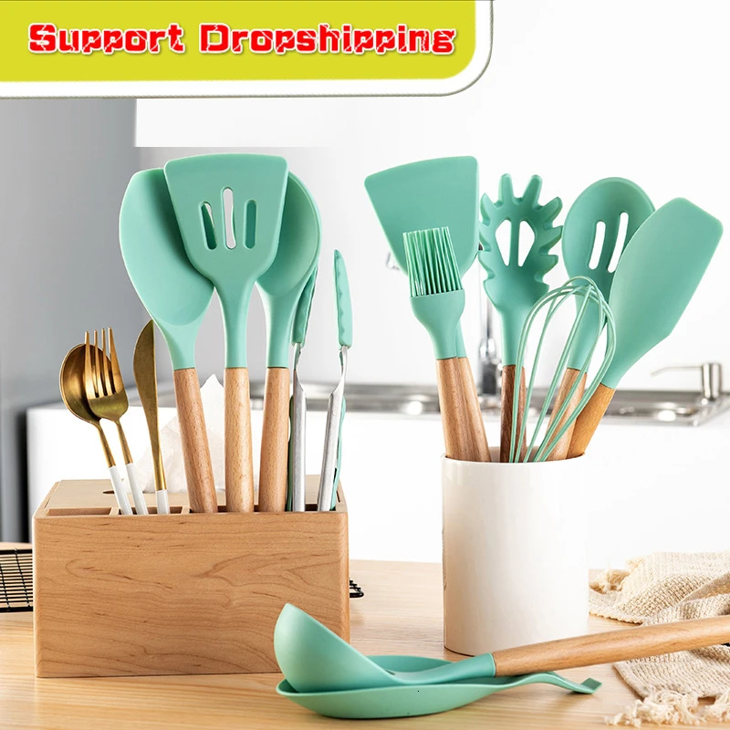 Набор силиконовых кухонных инструментов с деревянной ручкой 9/11 шт.|Наборы