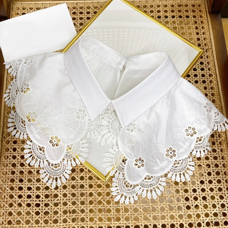 

Women Solid Color Decorative Fake Collar Shawl Hollow Out Floral Lace Trim Lapel Half Shirt Necklace Detachable Poncho
