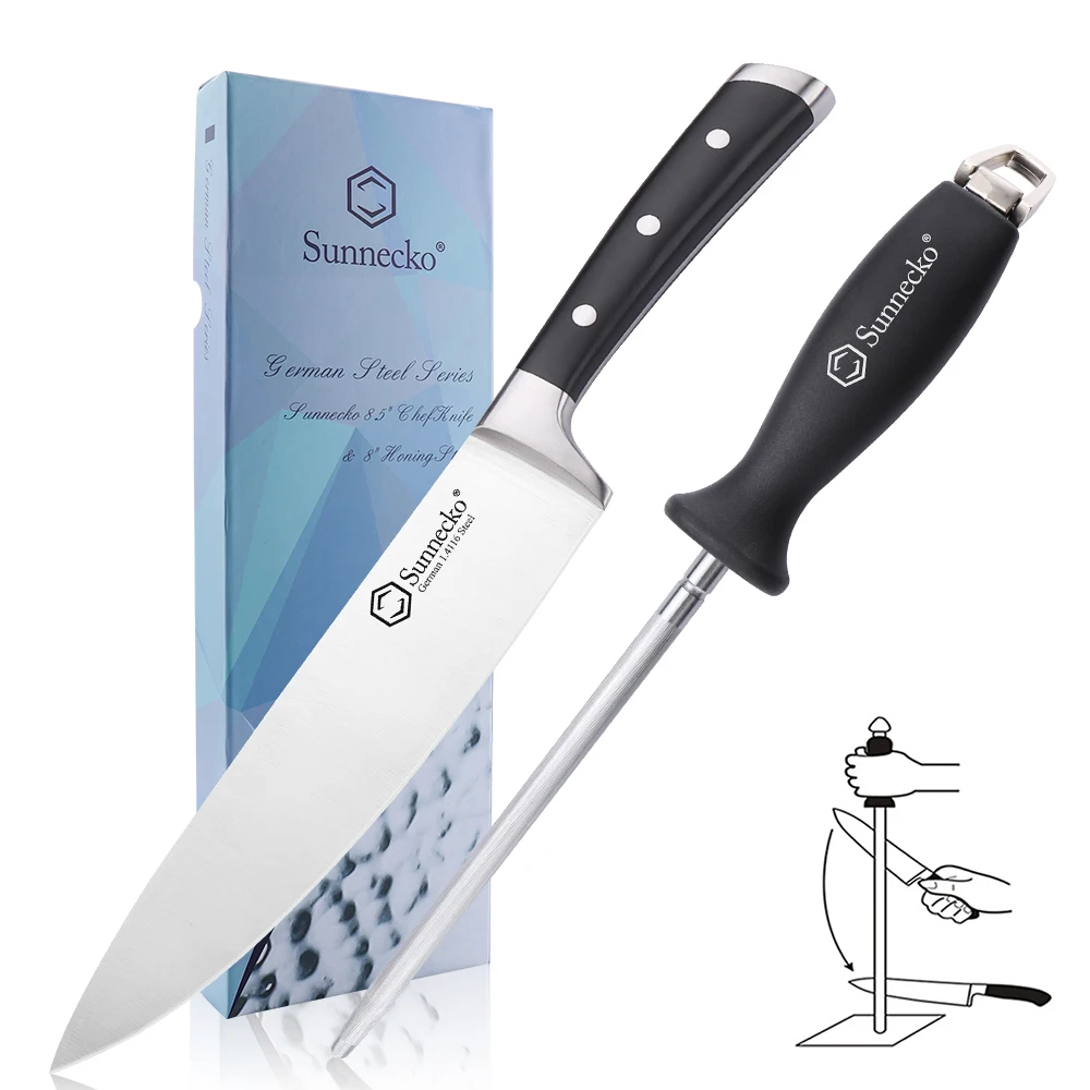 

Sunnecko 2pcs Set 8" Chef Knife & Sharpening Rod Gift Box Sets German 1.4116 Steel Kitchen Knives Sharpener Bar Cooking