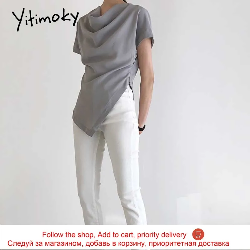 

Yitimoky Vintage Women Shirts Irregularity 2021 Summer Fashion New Pile Collar Gray Light Yellow Solid Short Sleeve Slim Tops