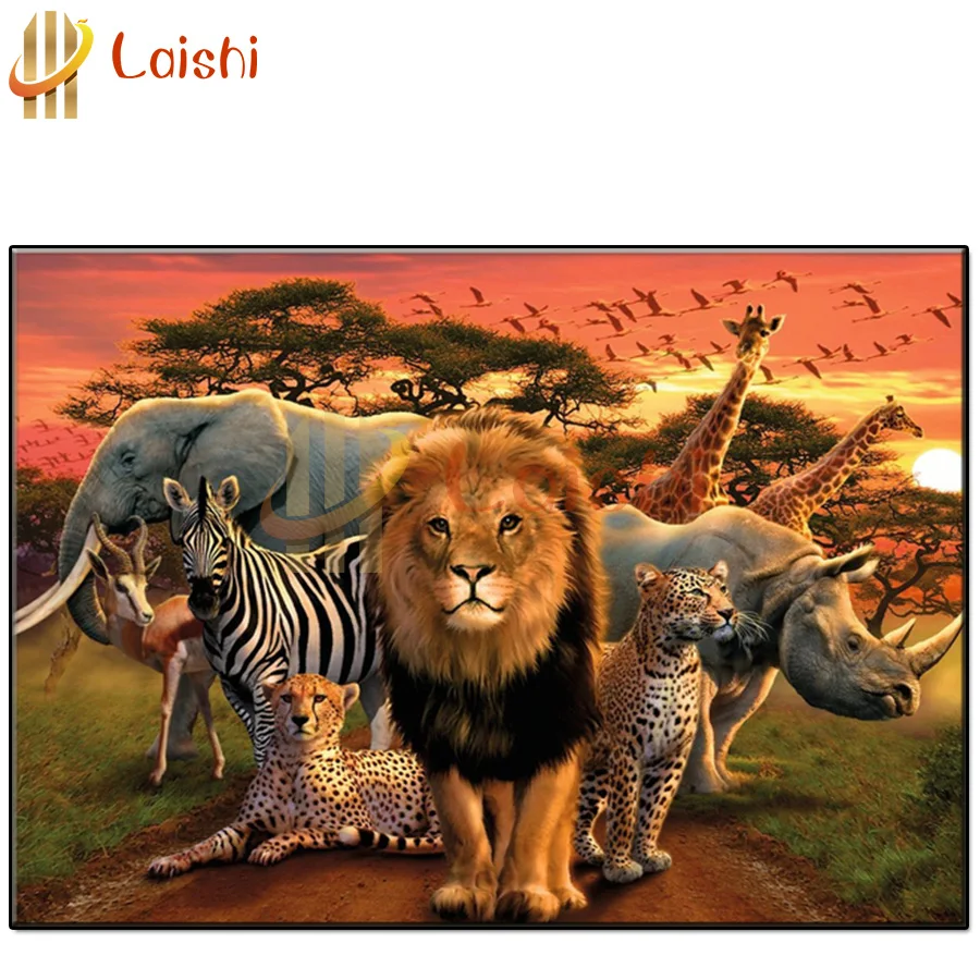 

Hot Sale!Sunset natural scenery, animal park, lion elephant, etc. Full Square Diamond Painting Diamond round Diamond Embroidery