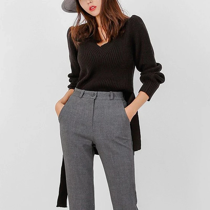 

Women Spring Winter Split Sweater New Elegant Sexy Lace Up Long Sleeve Knitted Sweaters Lady Solid Tops Female V Neck Pullovers
