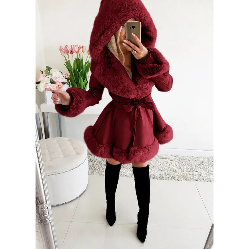 

Women's Fashion Fur Coat Faux Fur Hooded Jackets Luxury Belted Leather Jacket Teddy Coat Winter Thick Warm Parka Coat Outwear