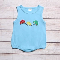 summer clothes boy blue sleeveless three red yellow and green cars embroidery pattern toddler romper