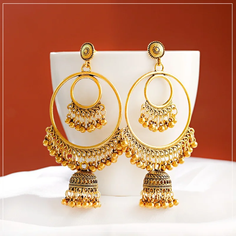 

2023 Antique Gold Color Boho Big Round Circle Gypsy Tribal Indian Drop Earrings For Women Vintage Bell Tassel Earring Jewellery