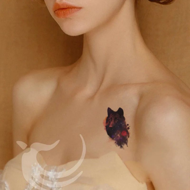

Color Wolf Head Temporary Tattoo Stickers Cool Starry Planet Fake Tatto Waterproof Tatoo Neck Chest Arm Small Size for Women Men