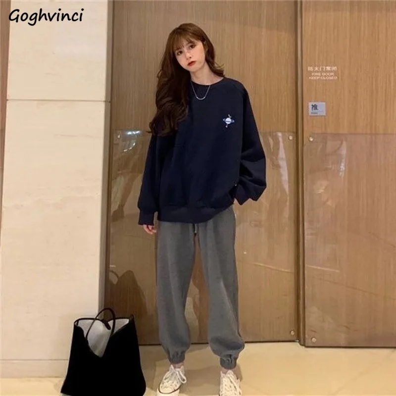 

Women 2 Piece Set Solid No Hat Hoodie Embroidery Drawstring Bundle High Waist Tracksuits Casual All-match Loose Sweatshirts Warm