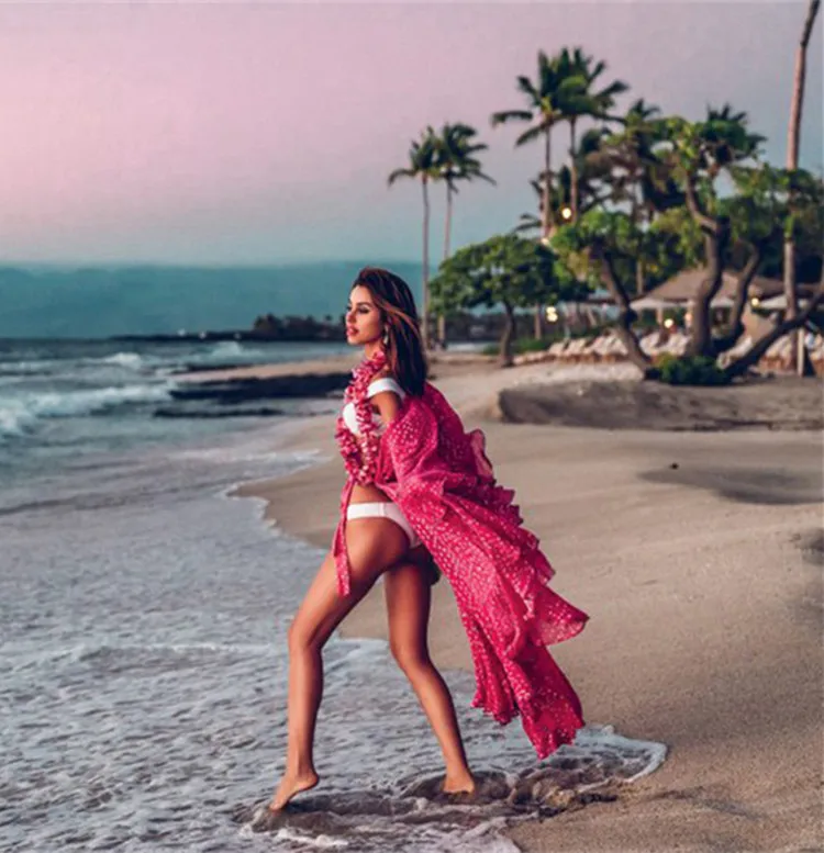 Женский пляжный кафтан свободный купальный костюм с длинным рукавом и принтом в