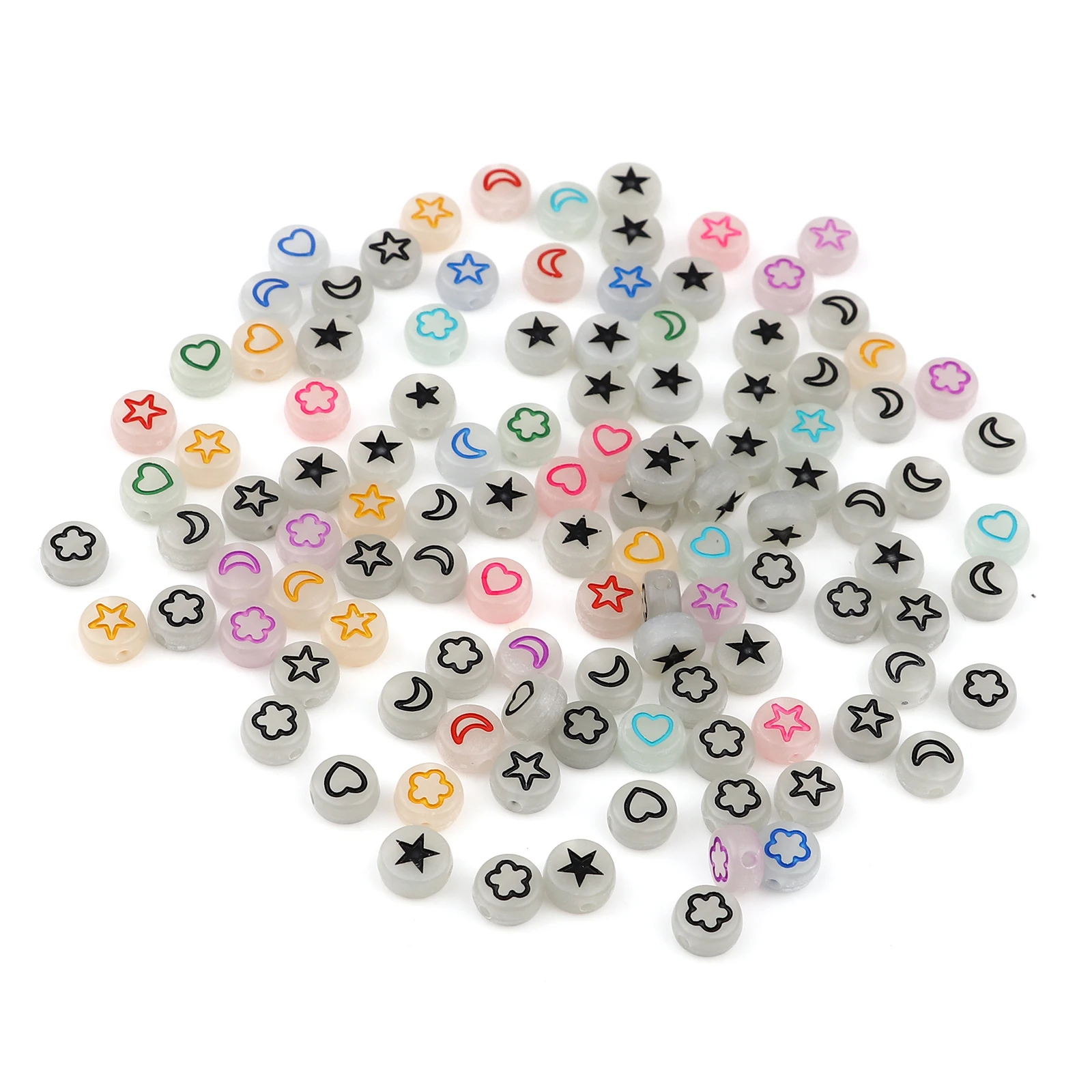 

500 PCS/Lot Acrylic Beads Flat Round Multicolor Pentagram Moon Star Pattern Cube Loose Spacer Beads Jewelry Making About 7mm Dia