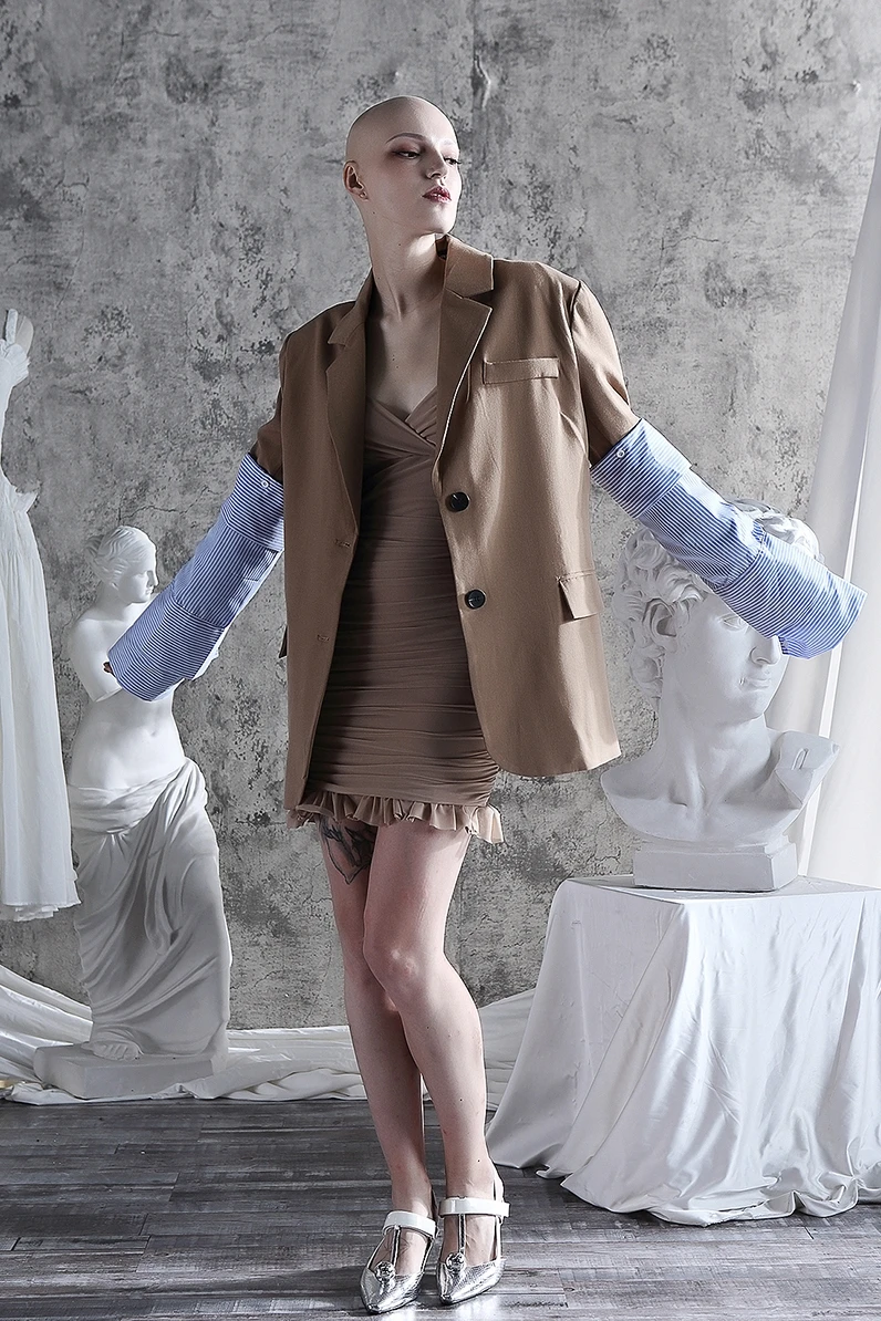 

Two-piece Set Women Designer Detachable Striped Patchwork Sleeve Suit Coat Pleated Sling Fishtail Dress