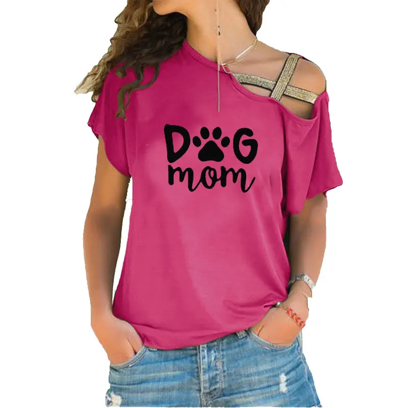

Dog Mom Print T Shirt Ladies Casual Letter T-shirt Summer Casual Irregular Skew Cross Bandage Tops Tee