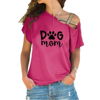 dog mom print t shirt ladies casual letter t shirt summer casual irregular skew cross bandage tops tee