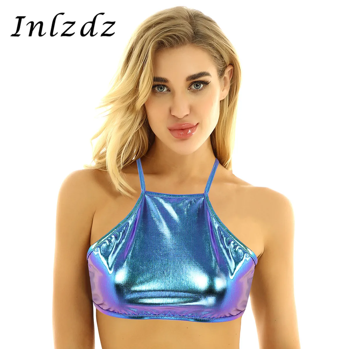 

Womens Shiny Pole Dance Rave Top Metallic Back Cross Rave Clothing Self Tie Up Camisole Bra Tops Vest Music Festival Crop Tops