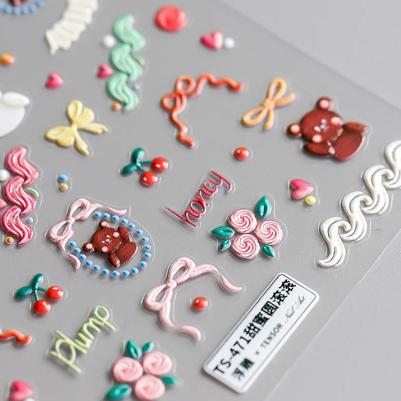 

New Craft 5D Stereo Relief Ultra Thin Sweet Heart Bear /lace/ Cherry Creative Fashion Charm Nail Art Decoration Nail Stickers