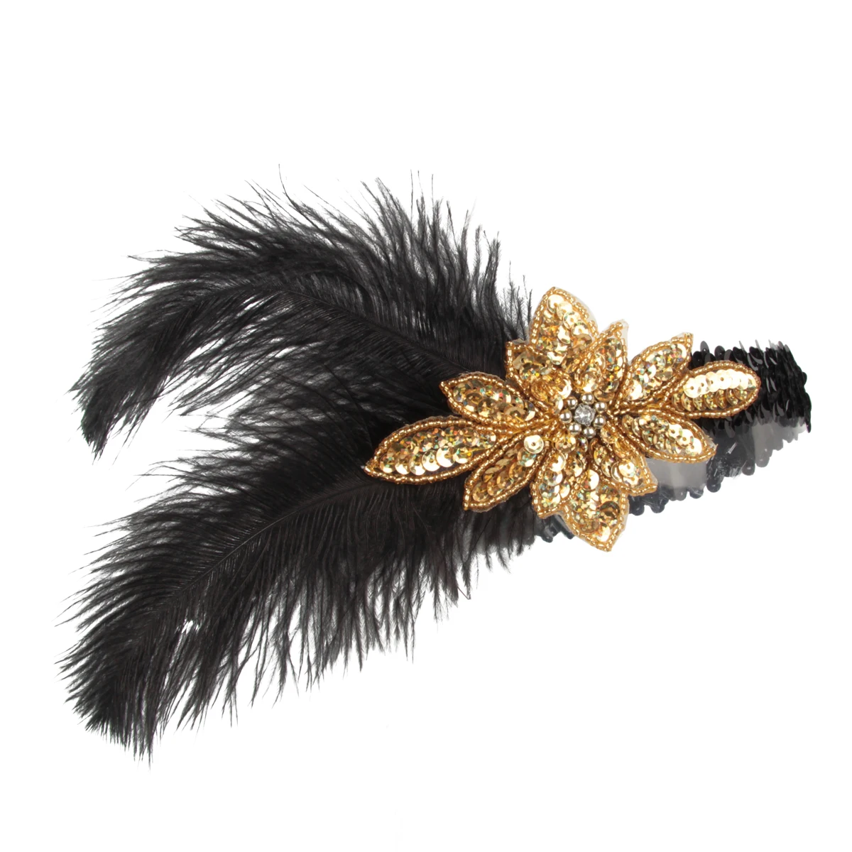 

Золотые блестки Gatsby, ювелирные изделия, аксессуары для волос для костюма, вечеринки, головной убор с черными перьями для женщин, оригинальны...