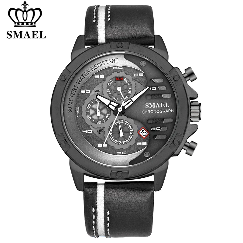 Мужские водонепроницаемые кварцевые часы с хронографом и кожаным