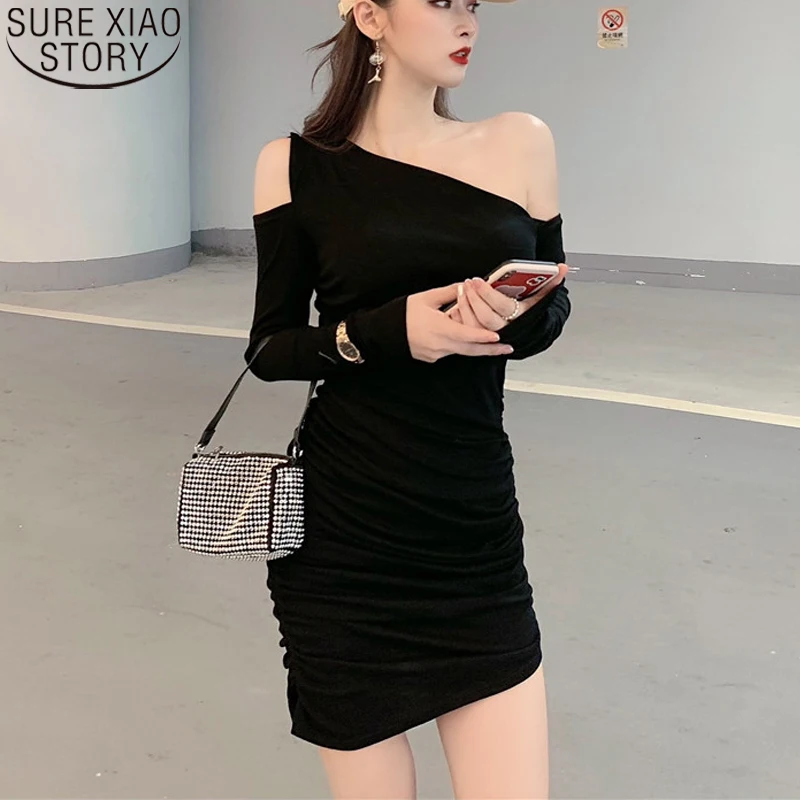 

2021 Spring Long Sleeve Mini Off-shoulder Dresses New Black Gray Sexy Strapless Bottoming Dress Autumn Elegant Vestidos 12566