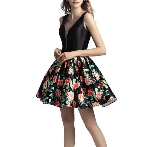 

2022 new luckgirls Embroidery print small round neckknee-length black beauty Party Homecoming Dresses