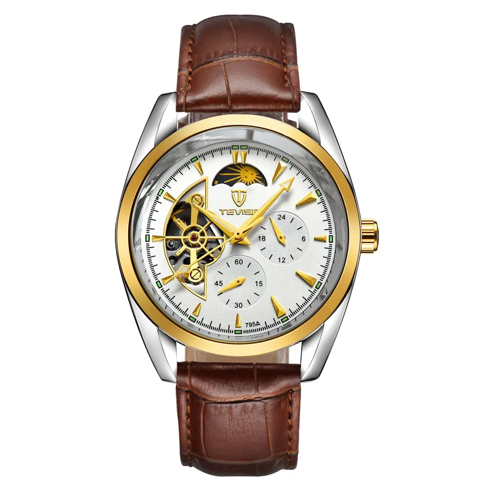 TEVISE мужские часы Tourbillon автоматический кожаный ремешок Роскошные фаза Луны