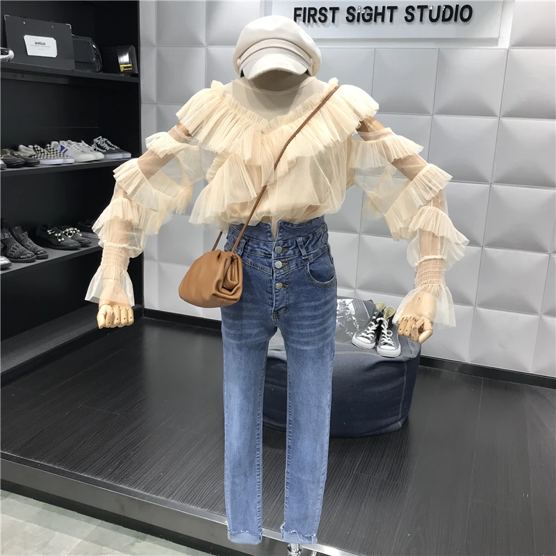ALPHALMODA с длинным рукавом перспектива сексуальные женские осенние блузки с v-образным воротником гофрированные рукава Дамская мода шифоновый наряд рубашка