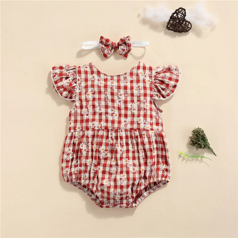 

0-2Years Newborn Toddler Baby Girls Daisy Print Cotton Clothes Set,Flying Sleeve O-neck Jumpsuit with Ruffles+Bow-knot Headband