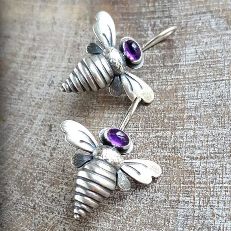 

Vintage Purple Crystal Cute Bee Earrings for Women White Gold Color Women's Hanging Drop Earring Female Wedding Jewelry Gifts