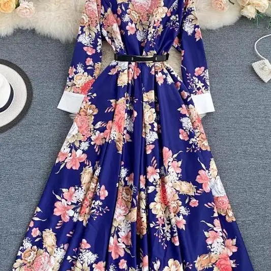 

Autumn new French retro flower blue long dress women's o-neck long sleeve belt elegant A-line dress party dress 2020 Robe