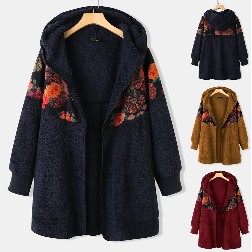 

Новинка 2021, Женская куртка с капюшоном на молнии, хлопковая куртка с этническим принтом, повседневный двухсторонний флисовый Топ большого р...