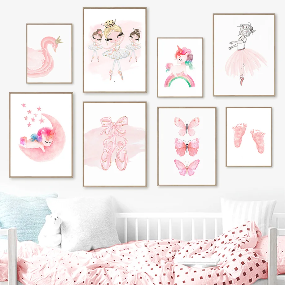 

Pink Ballet Girl Swan Unicorn Rainbow Butterfly Wall Art Canvas Painting Nordic Posters And Prints Wall Pictures Kids Room Decor