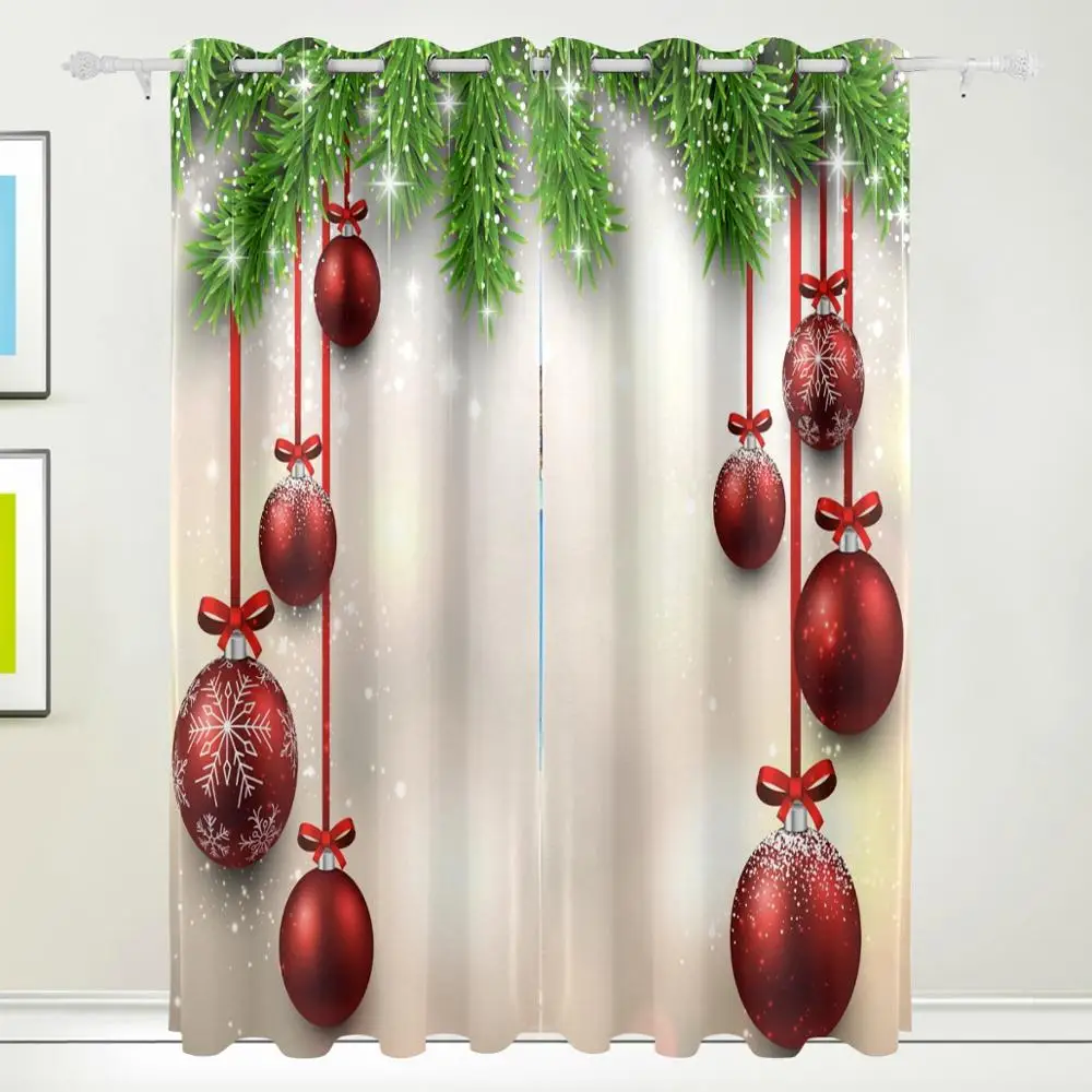 

Рождественские светонепроницаемые занавески с 2 панелями, праздничный сезон, фон с шариковыми листьями сосны, дизайнерские занавески для г...