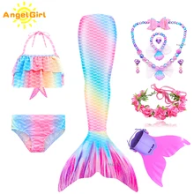 AngelGirl 2021 Girls Swimmable Mermaid Tail Princess Dress with Monofin Kids Holiday Mermaid Costume Cosplay Swimsuit Birthday