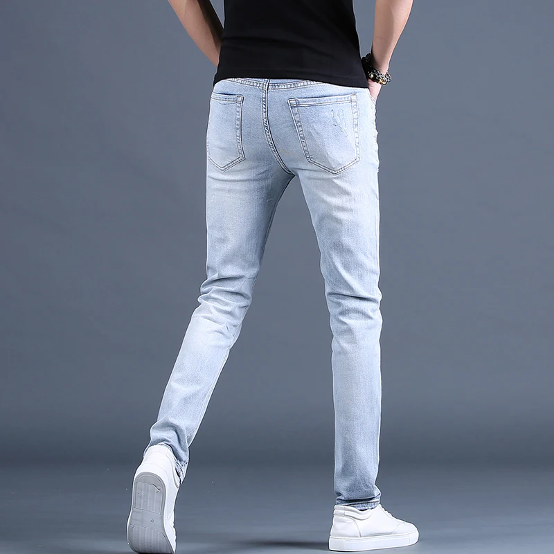 Summer Men Light Blue Ripped Jeans Fashion Rhinestones Slim Fit Pants Streetwear Casual Denim Trousers