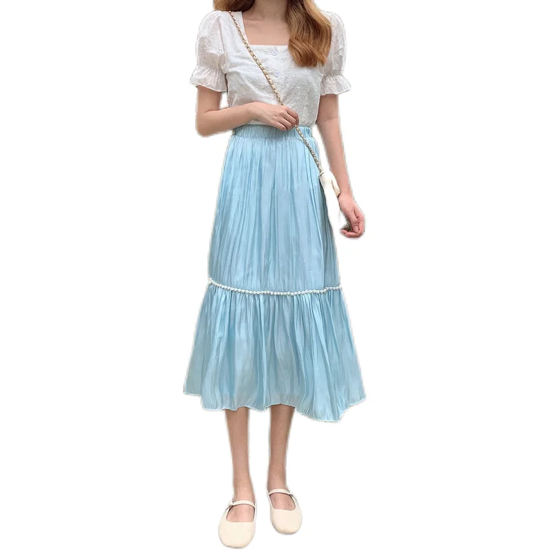 

High Waist Summer 2021 New Black Lady Skirts Kawaii Student Blue White Beige Bead Stitching Pleated A-Line Jupe Noir Clothes