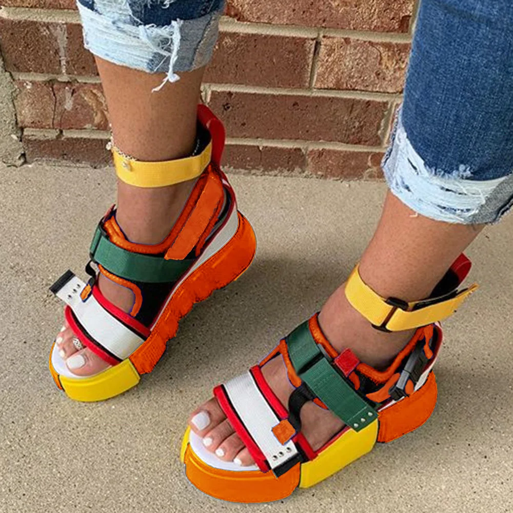 

Velcro Platform Open Toe Platform Colorful Color Block Sandals Women 2020 Summer Fashion Casual Outdoor Beach Shoes 4 Colors