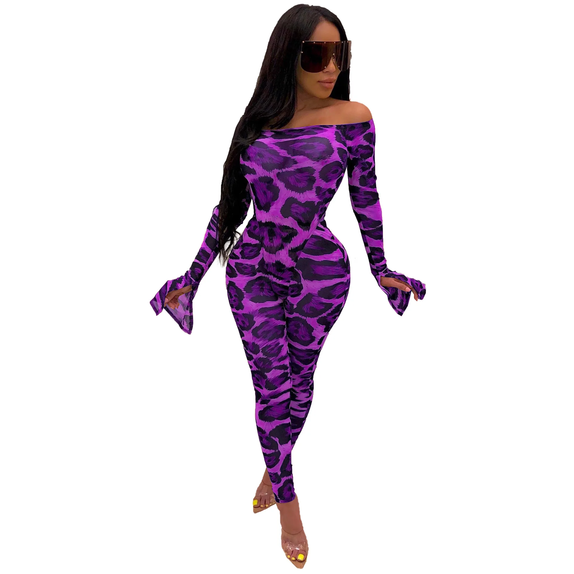 purple jumpsuit Adogirl Леопардовый принт женский сексуальный комплект из двух предметов с открытыми плечами с длинными расклешенными рукавами боди Топ+ узкие брюки Ночные Клубные костюмы - Цвет: purple jumpsuit
