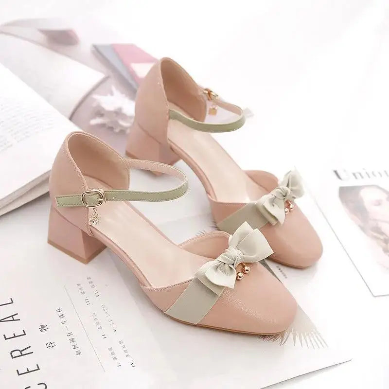

Women Fashion Light Weight Buckle Strap High Heel Round Toe Party Pumps Lady Cool Sweet Beige Summer High Heel Shoes E7017b