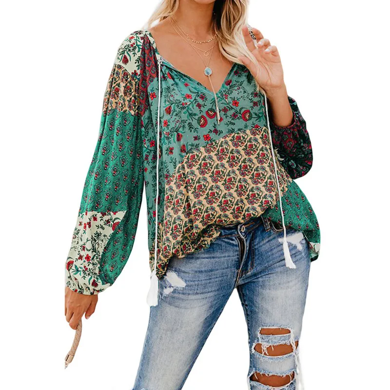 

Autumn Floral V-neck Long-sleeved Pullover Blouse Drawstring Shirt Tops Plus Size 2020 Women Casual Loose Retro Clothing Ladies