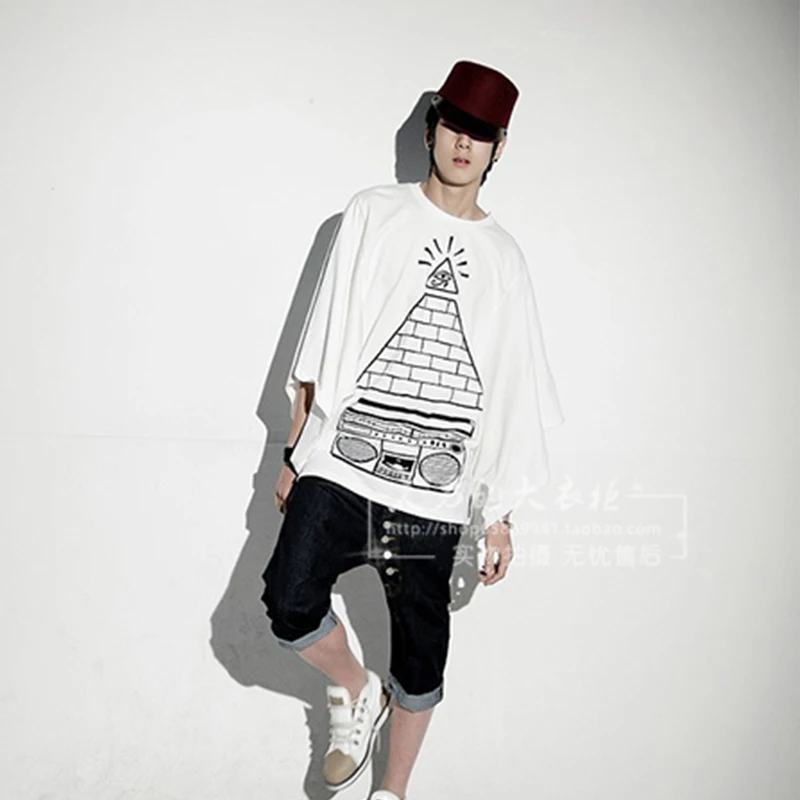 

Корейская версия большого размера Мужская печатная Футболка с коротким рукавом летучая мышь рубашка с рукавом летучая мышь хлопковая Футб...