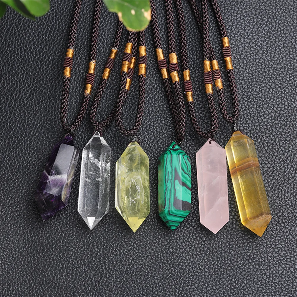 

1Pc Natural Amethyst Citrine Malachite Pink Crystal Pendant Double Pointed Hexagonal Necklace Gemstone Reiki Healing Crystals